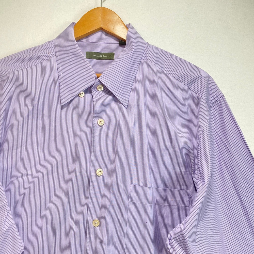 Ermenegildo Zegna Mens XXL Purple Micro Stripe Long Sleeve Button Up Shirt Stain